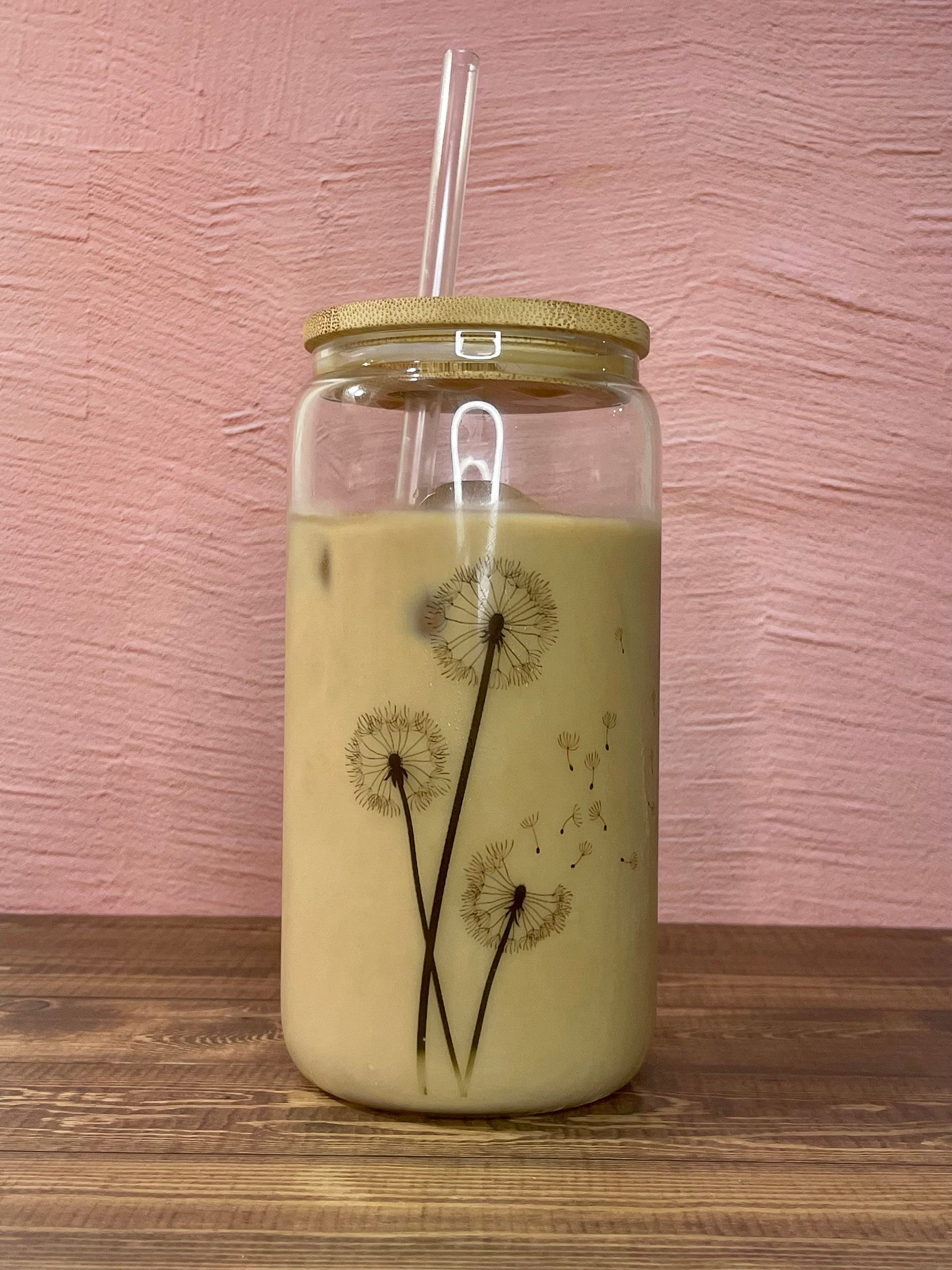 FLORAL Glass Can Cup With Bamboo Lid & Glass Straw Iced Coffee Cup