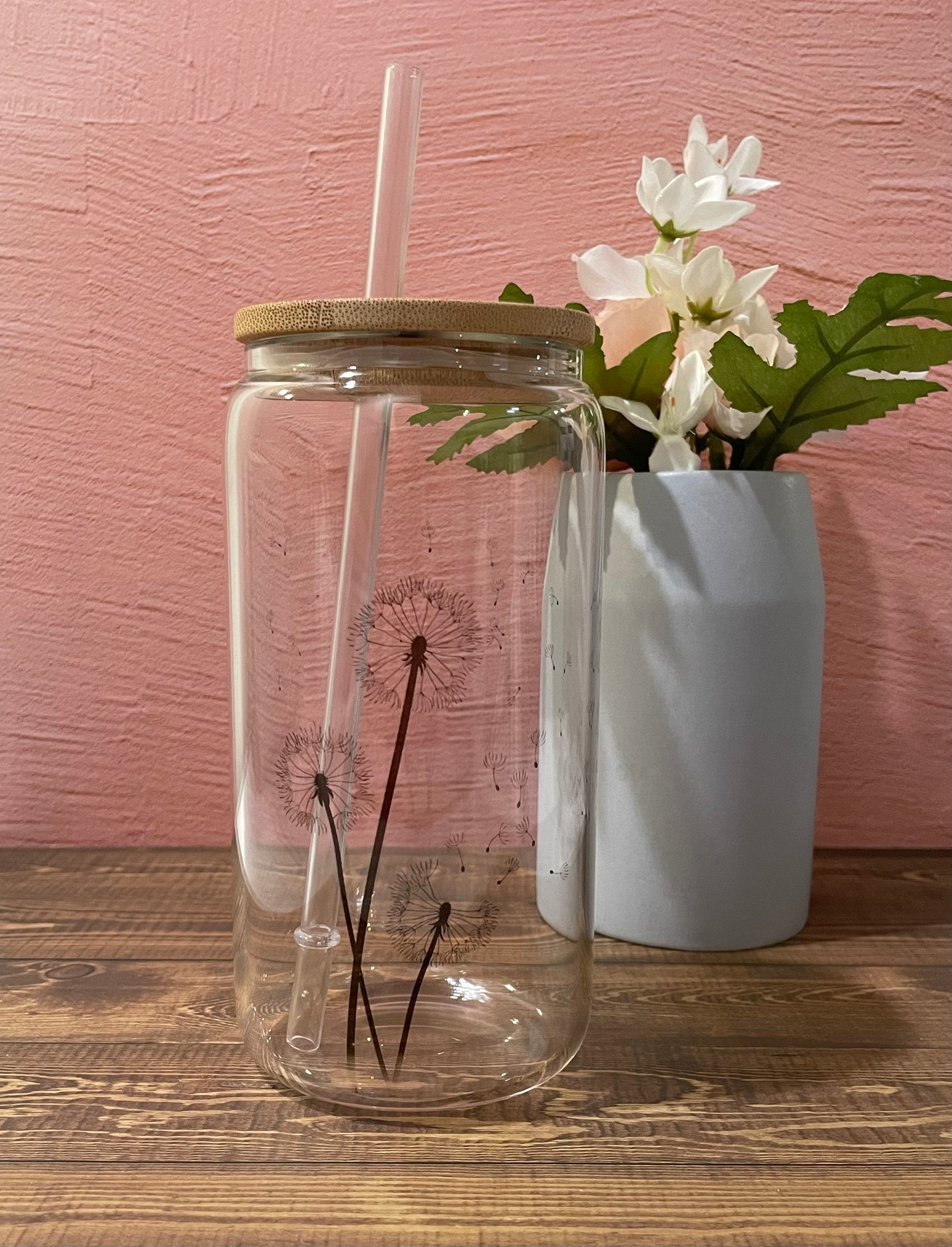 Floral Mason Jars With Lid and Straw, Floral Glass Cup With Handle, Glass  With Handle and Lid, Mason Jars With Lid, Iced Coffee Glass 